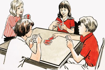 Quatre enfants jouant aux cartes - English School