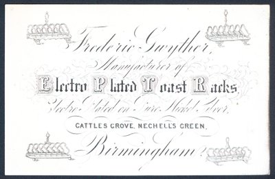 Carte de visite de Frederic Gwyther, fabricant de porte-toast en métal argenté - English School