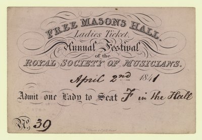 Salle des francs-maçons, billet pour dames, festival annuel, Société royale des musiciens, 2 avril 1841 - English School