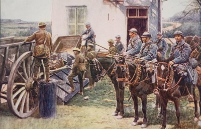 Lanciers français arrivant à un avant-poste de village, venant en aide aux forces britanniques, 1914-19 - English School