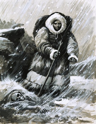 Frère Jean marchant à travers la neige aveuglante - English School