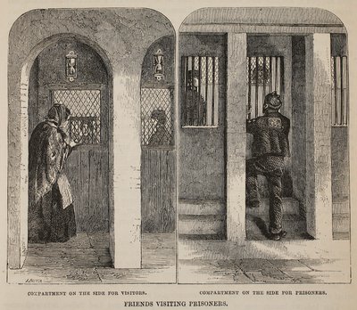 Visite des amis aux prisonniers, illustration de The Criminal Prisons of London and Scenes from Prison Life par Henry Mayhew et John Binny, pub. 1862 - English School