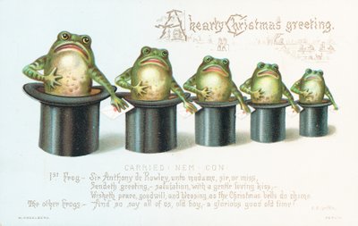 Grenouilles portant des chapeaux haut-de-forme, carte de Noël - English School