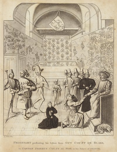 Froissart présentant ses lettres de Guy Court de Blois à Gaston Phoebus, comte de Foix, dans son palais d