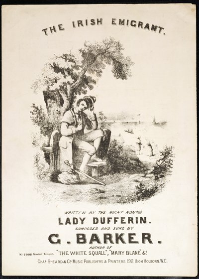 Couverture de la partition musicale pour The Irish Immigrant, écrite par Lady Dufferin, composée par G. Barker - English School