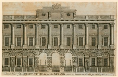Vue de face des bureaux publics dans le Strand où se trouvait autrefois Somerset House - English School