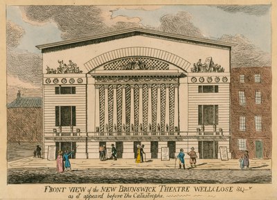Vues de face du nouveau Théâtre de Brunswick, Wellclose Square, Londres, avant la catastrophe - English School