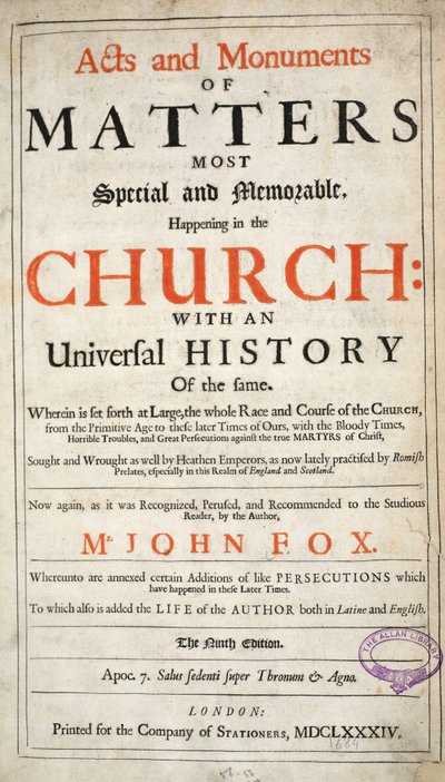 Frontispice, tiré de Acts and Monuments de John Foxe, neuvième édition, pub. 1684 - English School