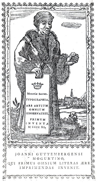 Frontispice de Johannes Gutenberg de A Concise History of the Origin and Progress of Printing par Philip Luckombe, publié en 1770 - English School
