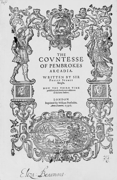 Frontispice de The Countess of Pembrokes Arcadia, 1592, par Sir Philip Sidney (1554-86), Troisième édition, pub.1598 - English School