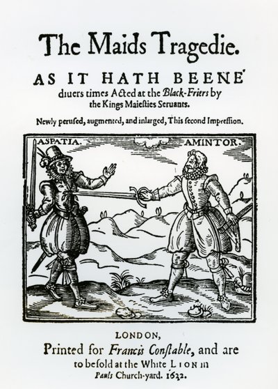 Frontispice de The Maids Tragedy par Sir Francis Beaumont (1584-1616) et John Fletcher (1579-1625) 1622 - English School