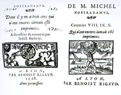 Frontispice des Prophéties de M. Michel Nostradamus, pub. par Benoist Rigaud, 1568 - English School