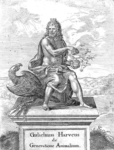 Frontispice de De Generatione Animalium de William Harvey publié en 1651 - English School