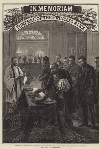Funérailles de la princesse Alice, le prince de Galles et le prince Léopold plaçant des couronnes sur le cercueil dans le mausolée familial à Rosenhohe (gravure) - English School