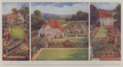 Schémas de jardins, croquis montrant trois dispositions agréables pour différents aspects et types de jardins pour les maisons de banlieue et de campagne (litho couleur) - English School