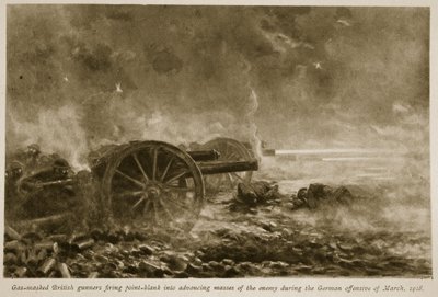 Artilleurs britanniques masqués au gaz tirant à bout portant sur les masses ennemies avancées lors de l