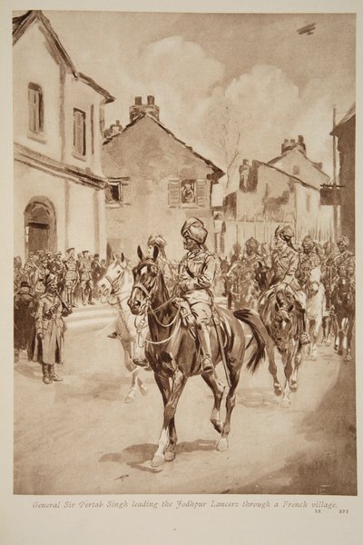 Général Sir Pertab Singh menant les lanciers de Jodhpur à travers un village français, 1914-19 - English School