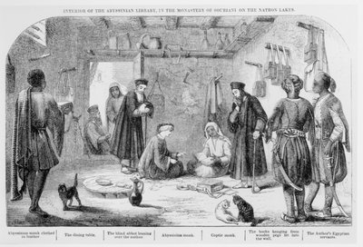 George Curzon (1859-1925) inspectant des livres à la bibliothèque abyssinienne du monastère de Souriani, de Visits to Monasteries in the Levant, publié en 1849 - English School