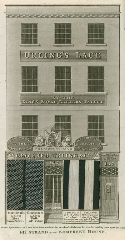 George Frederick Urling & Co, vendeurs de dentelles, 147 Strand, près de Somerset House, Londres - English School