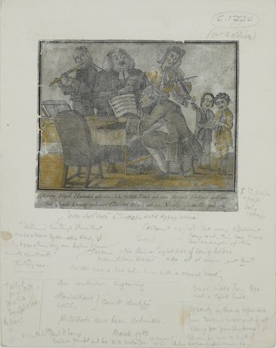 George Frideric Handel, Johann Sebastian Bach, Giuseppe Tartini, Johann Joachim Quantz, Christoph Gluck, Nicolo Jomelli, vers 1750 (gravure coloriée à la main) - English School