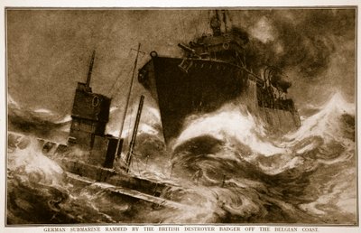 Sous-marin allemand éperonné par le destroyer britannique Badger au large de la côte belge, 1914-19 - English School