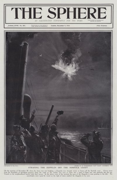 Zeppelin allemand abattu en flammes au large de la côte de Norfolk, Première Guerre mondiale, 28 novembre 1916 - English School