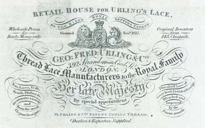 George Fred Urling & Co, fabricant de dentelle, carte de visite - English School