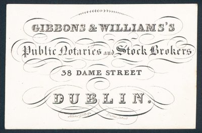 Carte de visite de Gibsons & Williams, notaires publics et courtiers en valeurs mobilières - English School