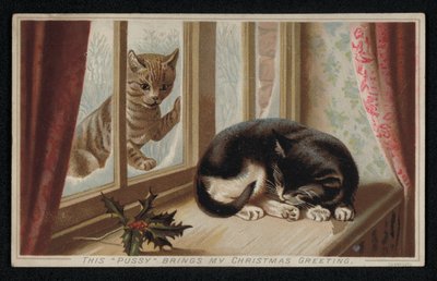 Chat roux regardant par une fenêtre un autre chat endormi, carte de vœux de Noël - English School