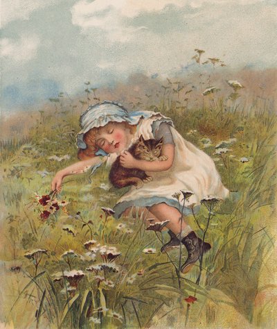 Fille et chat dormant dans un champ - English School