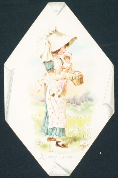 Fille portant une poupée et un panier, Carte de Noël - English School