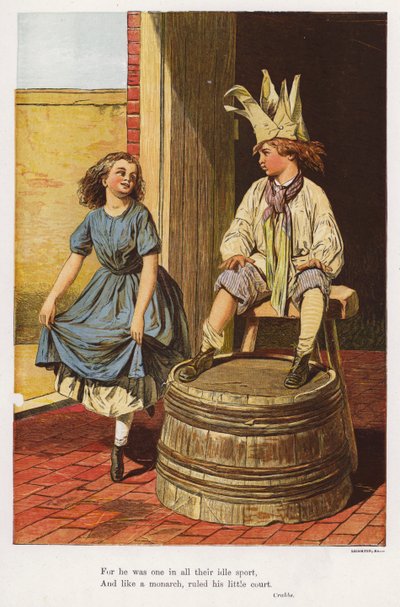 Fille faisant une révérence à un garçon jouant au roi (gravure en couleur) - English School
