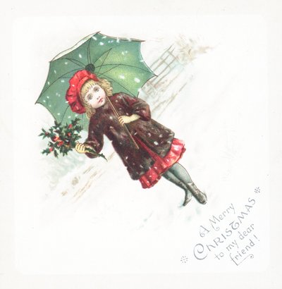Fille tenant un parapluie et du houx dans la neige - English School
