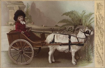 Fille dans une charrette à chèvres, carte de vœux du Nouvel An - English School