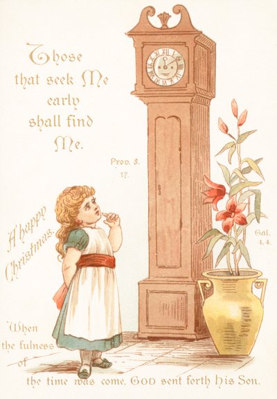 Fille regardant une horloge de grand-père, Carte de Noël - English School