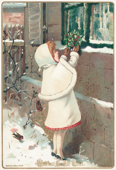 Fille plaçant du houx sur le rebord de la fenêtre, carte de Nouvel An - English School