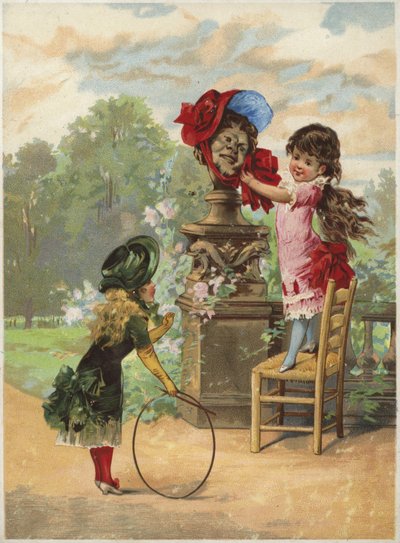 Fille mettant un bonnet sur une statue; une autre fille avec un cerceau - English School