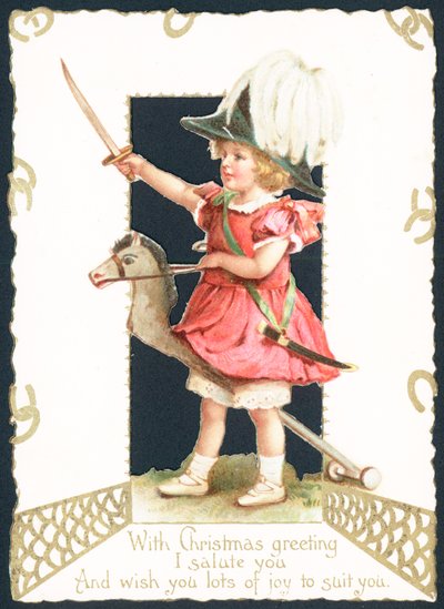 Fille chevauchant un cheval à bascule, carte de Noël - English School