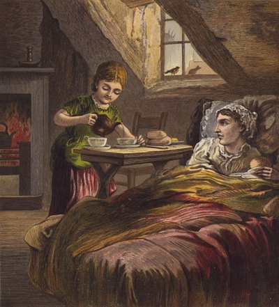 Fille servant du thé à sa mère malade, au lit avec un bébé (lithographie en couleur) - English School