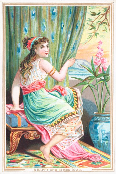 Fille assise près de la fenêtre, Carte de Noël - English School