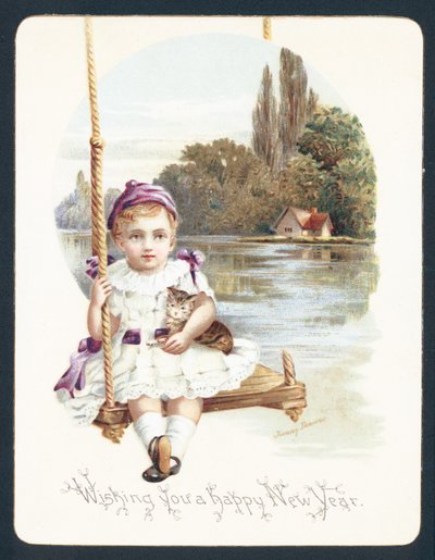 Fille assise sur une balançoire avec un chat, carte de Nouvel An - English School