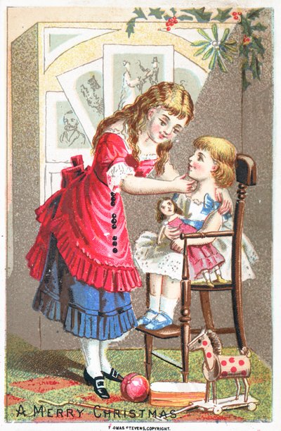 Fille parlant à un jeune enfant dans une chaise haute, carte de Noël - English School