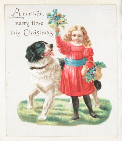 Fille taquinant un chien avec des fleurs, Carte de Noël - English School