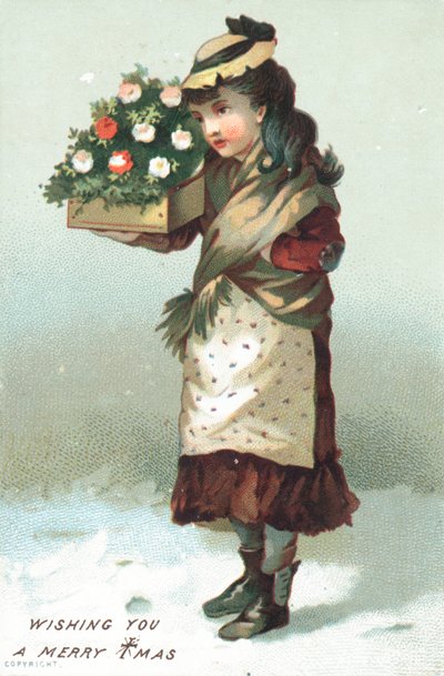 Fille marchant dans la neige portant une boîte de fleurs, carte de Noël - English School