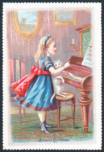 Fille avec un chat debout au piano, carte de Noël - English School