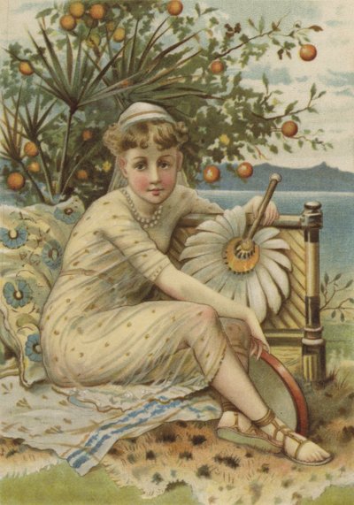 Fille avec un éventail assise sous un oranger - English School
