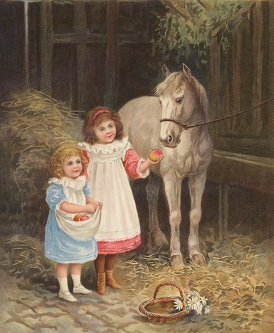 Filles nourrissant des pommes à un cheval de compagnie - English School
