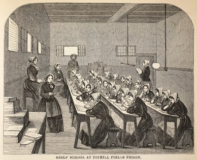 École de filles à la prison de Tothill Fields, illustration de The Criminal Prisons of London and Scenes from Prison Life par Henry Mayhew et John Binny, pub. 1862 - English School