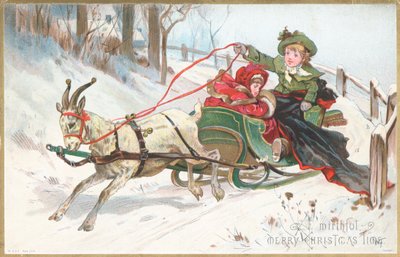 Chèvre tirant un traîneau, Carte de Noël - English School