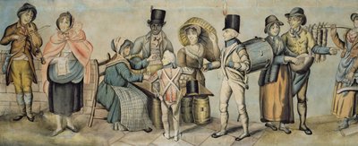 Aller à la foire, détail (famille musicale et vendeur de pommes), vers 1815 (aquarelle et gouache sur papier) - English School